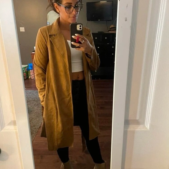 minimalist Lapel collar Open Front Belted pea coat peacoat - Picture 3 of 8